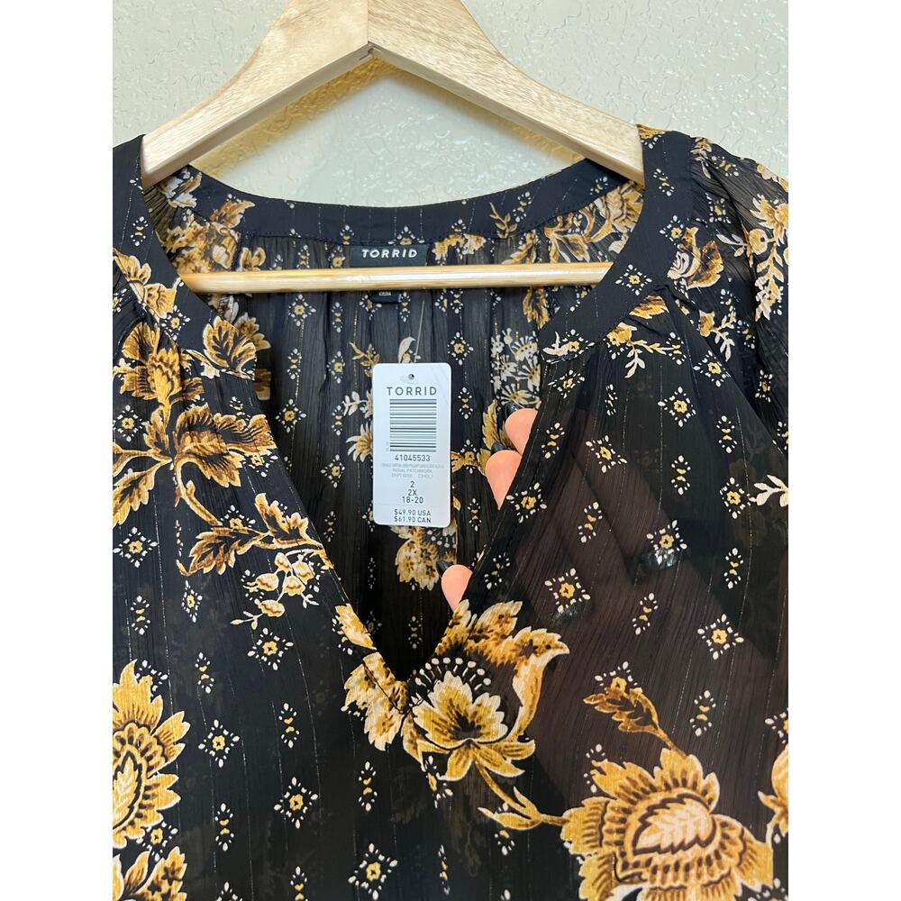NEW Torrid Peasant Blouse Black Gold Floral Sheer Chiffon Peasant Long Sleeve 2X - Picture 5 of 7